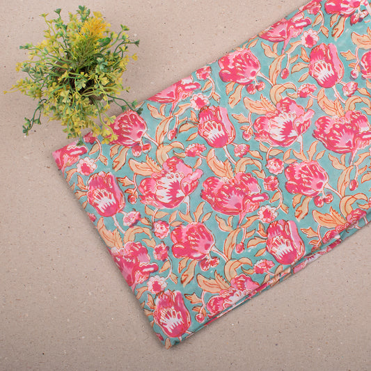 Colorful Floral Block Print Cotton Fabric, Handcrafted Material For Dressmaking, Quilting, Cushion Covers, DIY Crafts, And Table Linen