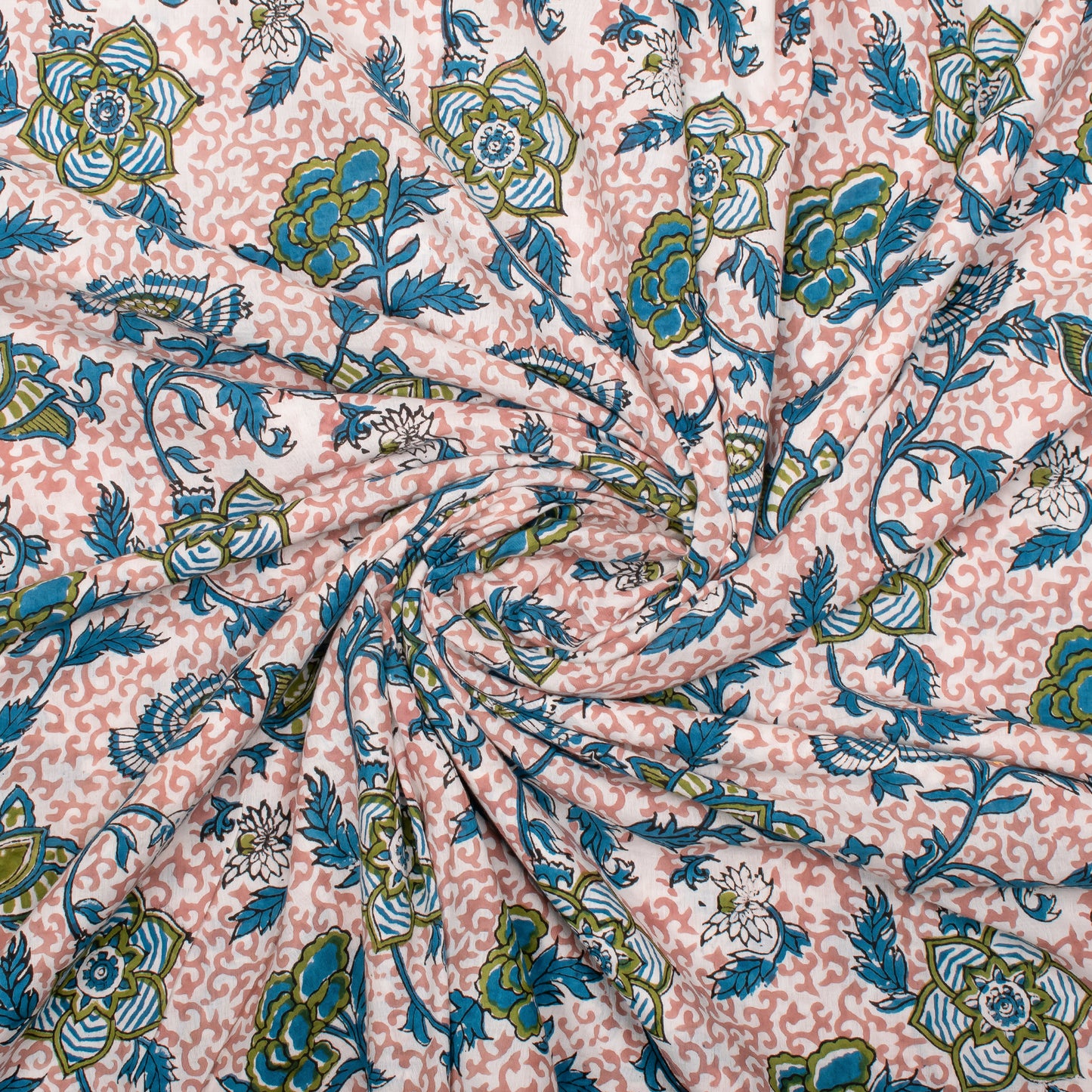 Cotton Fabric With Hand Block Printing, Lightweight Floral Textile For Quilts, Patchwork, Dresses, Scarves, And Decorative Sewing Projects