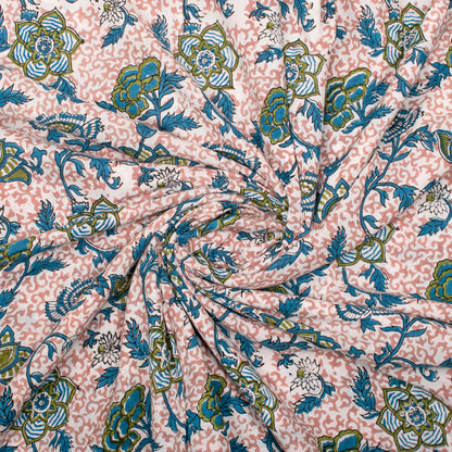 Cotton Fabric With Hand Block Printing, Lightweight Floral Textile For Quilts, Patchwork, Dresses, Scarves, And Decorative Sewing Projects
