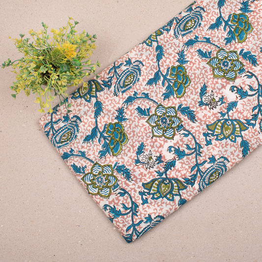 Cotton Fabric With Hand Block Printing, Lightweight Floral Textile For Quilts, Patchwork, Dresses, Scarves, And Decorative Sewing Projects