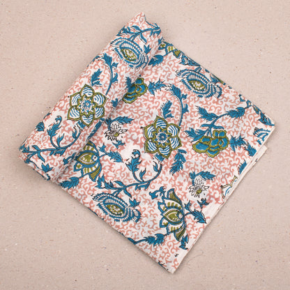 Cotton Fabric With Hand Block Printing, Lightweight Floral Textile For Quilts, Patchwork, Dresses, Scarves, And Decorative Sewing Projects