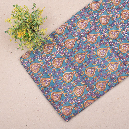 Hand Block Printed Cotton Fabric, Natural Dye Floral Textile For DIY Fashion, Quilts, Cushion Covers, And Artistic Apparel Projects