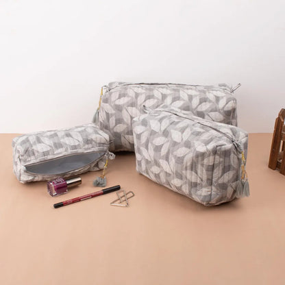 Hand Block Print Toiletry Bag, Quilted Wash Bag, Cosmetic Pouch, Travel Bag, Makeup Bag, Reusable Cotton Wash Bags - Set of 3