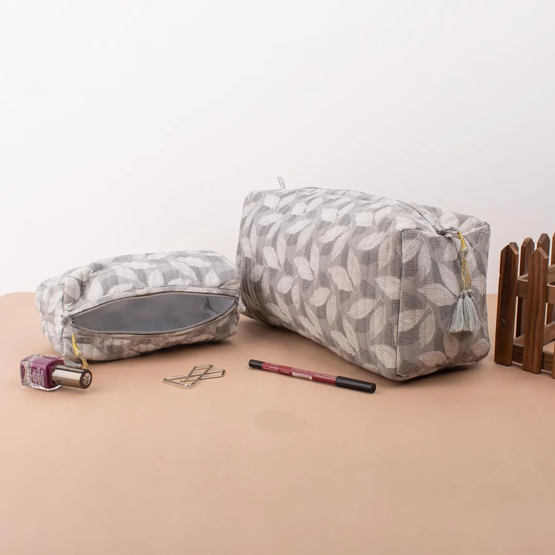 Hand Block Print Toiletry Bag, Quilted Wash Bag, Cosmetic Pouch, Travel Bag, Makeup Bag, Reusable Cotton Wash Bags - Set of 3