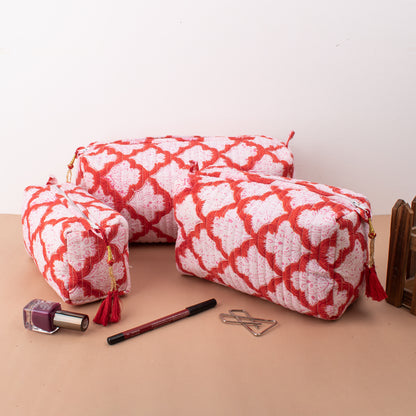 Handmade Aesthetic Pouch, Bridesmaid Gift, Makeup Travel Bag, Handmade Cotton Toiletry Bag, Block Print Makeup Bag, Quilted Wash Bag - Set of 3
