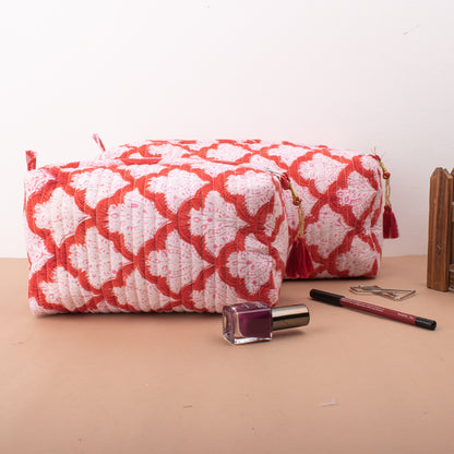 Handmade Aesthetic Pouch, Bridesmaid Gift, Makeup Travel Bag, Handmade Cotton Toiletry Bag, Block Print Makeup Bag, Quilted Wash Bag - Set of 3