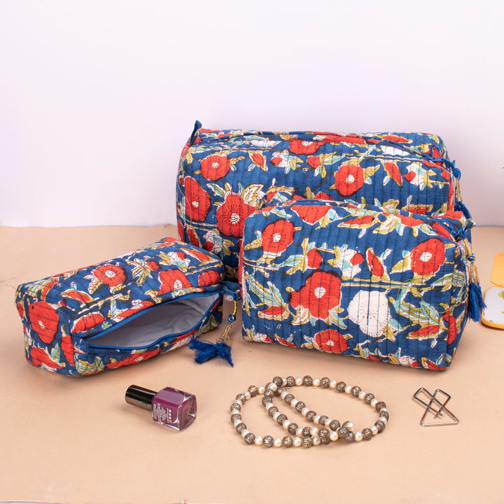 Set of 3 – Hand Block Makeup Bag | Cotton Cosmetic Pouch &amp; Organizer