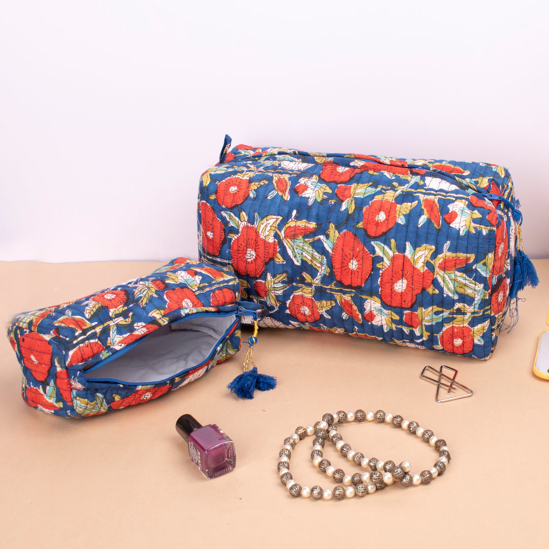 Set of 3 – Hand Block Makeup Bag | Cotton Cosmetic Pouch &amp; Organizer