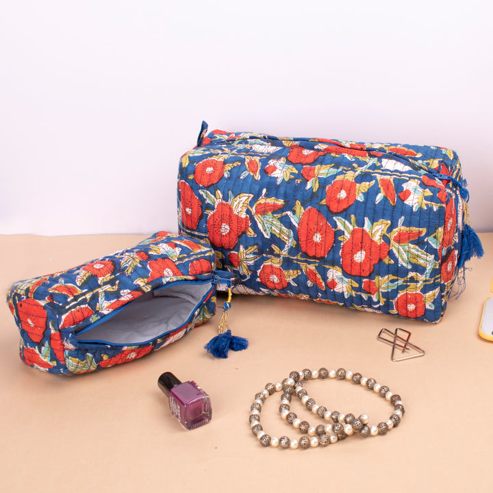 Set of 3 – Hand Block Makeup Bag | Cotton Cosmetic Pouch &amp; Organizer
