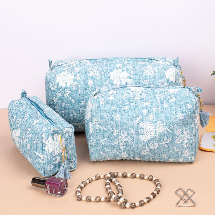 Set of 3 – Quilted Makeup Bag | Cotton Cosmetic Pouch &amp; Organizer