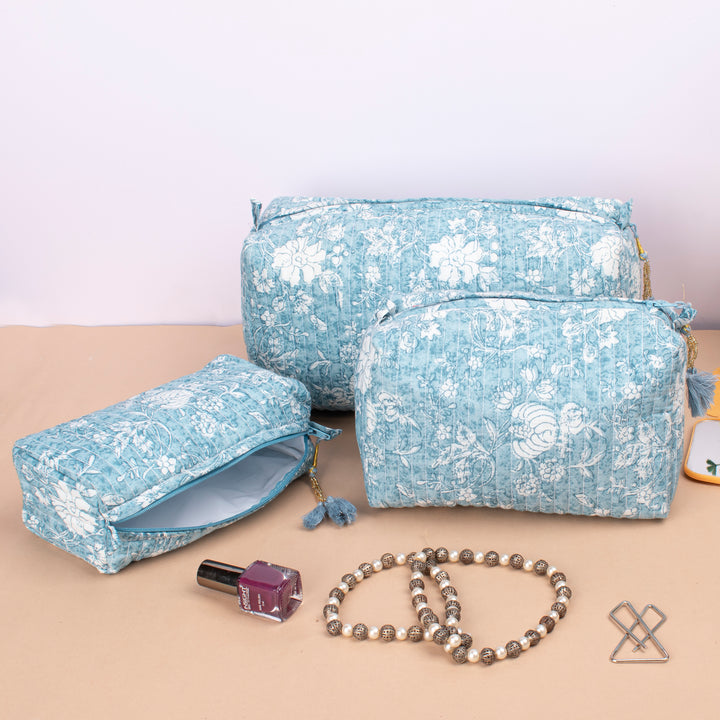Set of 3 – Quilted Makeup Bag | Cotton Cosmetic Pouch &amp; Organizer
