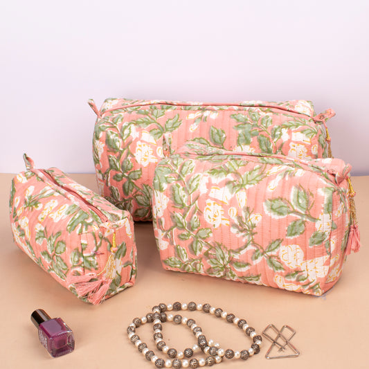 Hand Block Print Toiletry Bag, Quilted Cotton Large Makeup Bag, Travel Makeup Pouch, Zippered toiletry Pouch, Cosmetic Case - Set of 3
