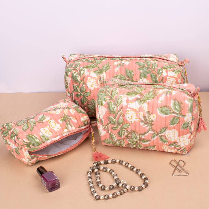 Set of 3 – Hand Block Makeup Bag | Cotton Cosmetic Pouch &amp; Organizer