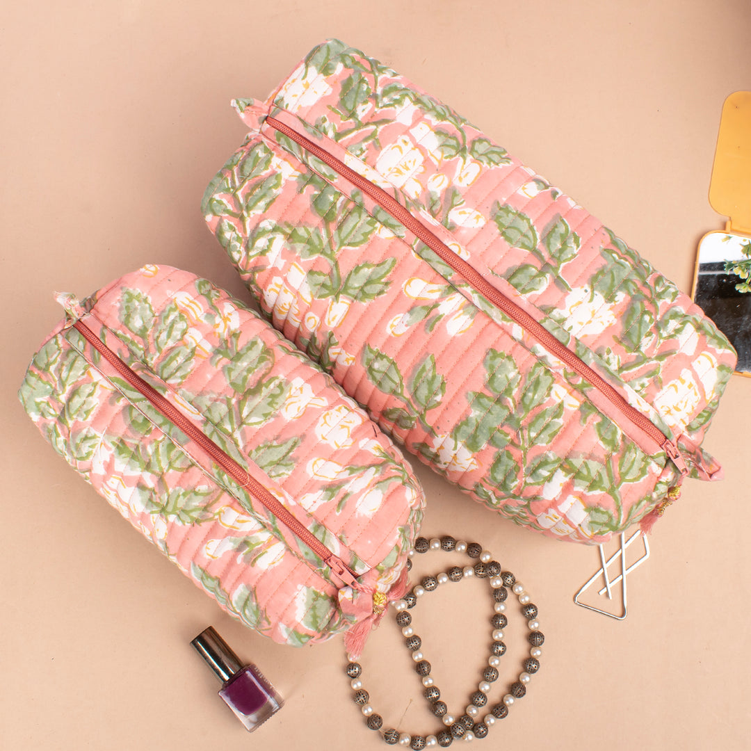 Set of 3 – Hand Block Makeup Bag | Cotton Cosmetic Pouch &amp; Organizer