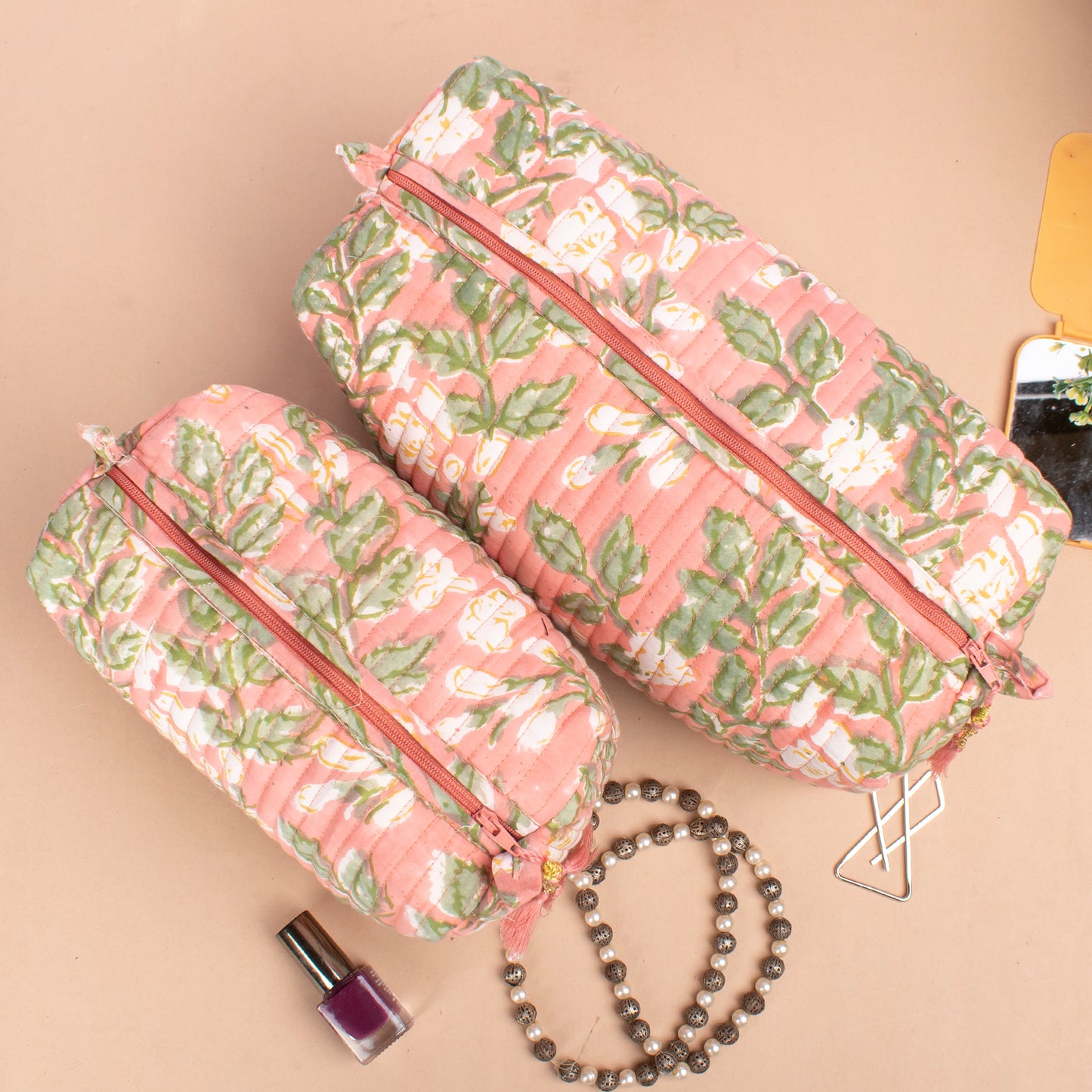 Hand Block Print Toiletry Bag, Quilted Cotton Large Makeup Bag, Travel Makeup Pouch, Zippered toiletry Pouch, Cosmetic Case - Set of 3