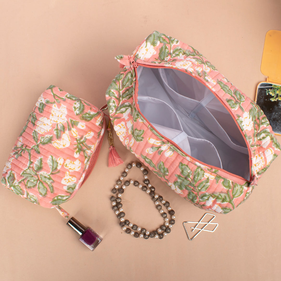 Set of 3 – Hand Block Makeup Bag | Cotton Cosmetic Pouch &amp; Organizer