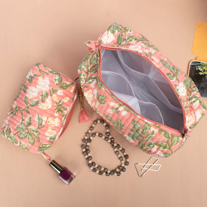 Set of 3 – Hand Block Makeup Bag | Cotton Cosmetic Pouch &amp; Organizer