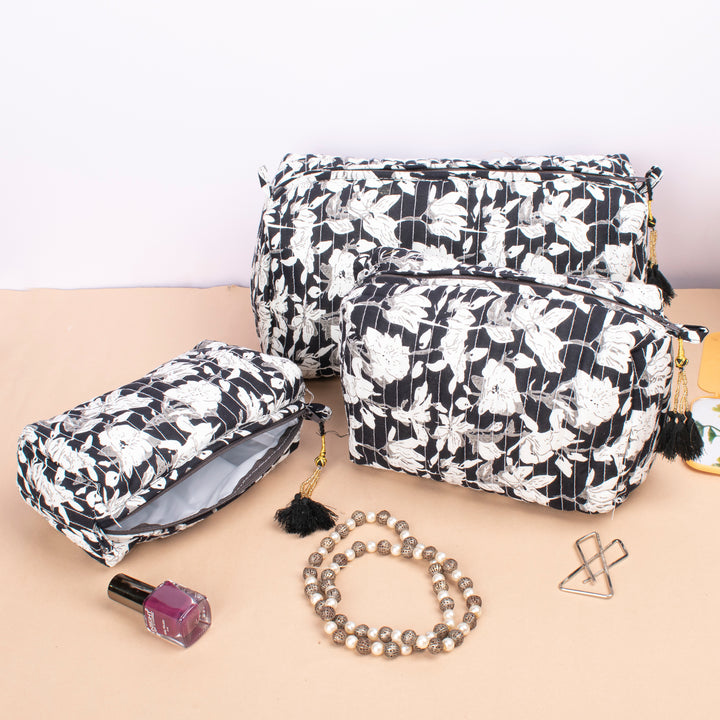 Set of 3 – Hand Block Makeup Bag | Cotton Cosmetic Pouch &amp; Organizer