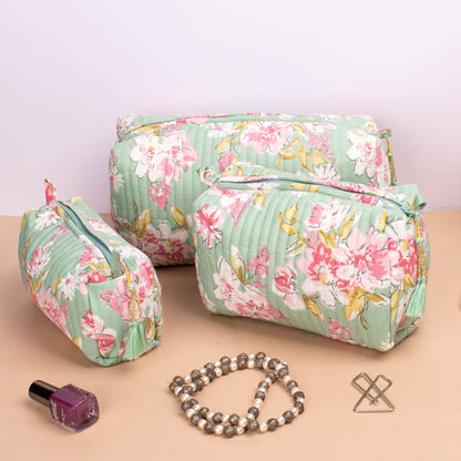 Hand Block Print Wash Bag, Toiletry Makeup Bags, Zippered Makeup Pouch, Bridesmaid Gift Makeup Bag, 100% Cotton Material - Set of 3