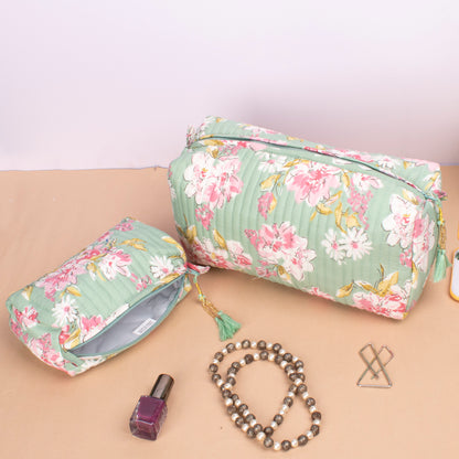 Combo of 2 - Organic Cotton Makeup Bag, Toiletry Bag 3 Pack Floral, Makeup Bag With Compartments, Vanity Bag Makeup, Wash Bag Block Print
