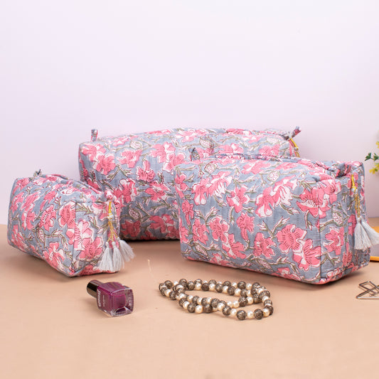 Washable Cosmetic Bags, Mini Makeup Organizer, Toiletry Bag 3 Pack Floral, Block Printing, Cute Makeup Organizer, Vanity Bag Makeup - Set of 3