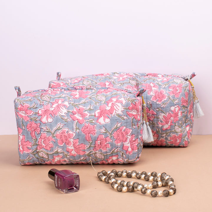 Set of 3 – Floral Makeup Bag | Cotton Cosmetic Pouch &amp; Organizer