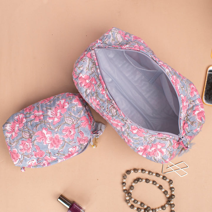 Set of 3 – Floral Makeup Bag | Cotton Cosmetic Pouch &amp; Organizer