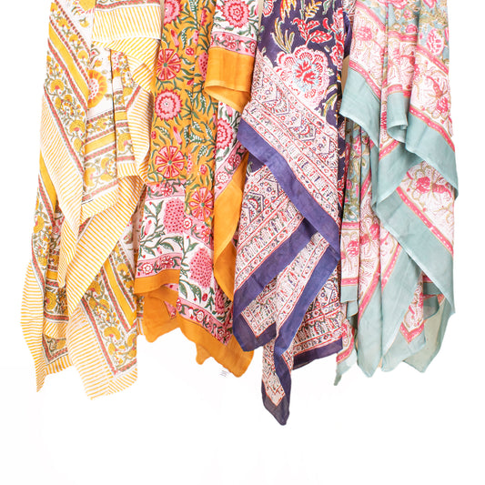 Combo of 4 - Summer Cover-Up, Hand Block Printed Scarves For Women, Sarong Beach Wrap, Lightweight Washable Pareo, Women’s Hand Block Scarf