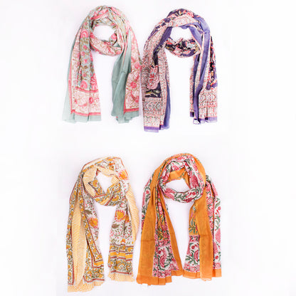Combo of 4 - Summer Cover-Up, Hand Block Printed Scarves For Women, Sarong Beach Wrap, Lightweight Washable Pareo, Women’s Hand Block Scarf
