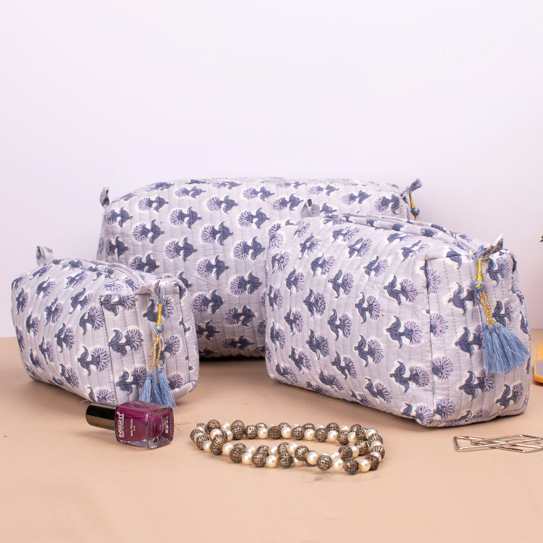 Set of 3 – Hand Block Makeup Bag | Cotton Cosmetic Pouch &amp; Organizer