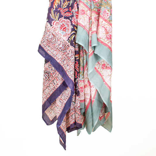 Combo of 2 - Women Hand Block Print Fabric Scarf, Cotton Sarong, Beachwear Pareo, Block Print Scarf, Soft Cotton Beach Scarf Cover Up With 100% Cotton