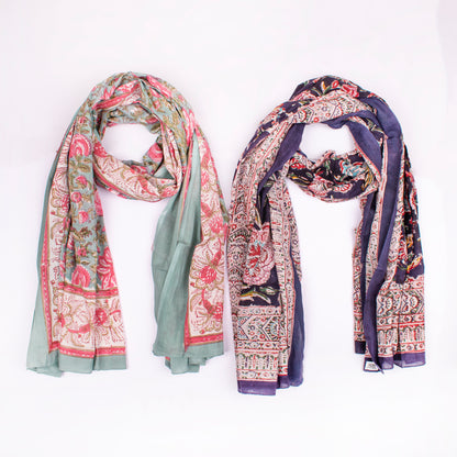 Combo of 2 - Women Hand Block Print Fabric Scarf, Cotton Sarong, Beachwear Pareo, Block Print Scarf, Soft Cotton Beach Scarf Cover Up With 100% Cotton