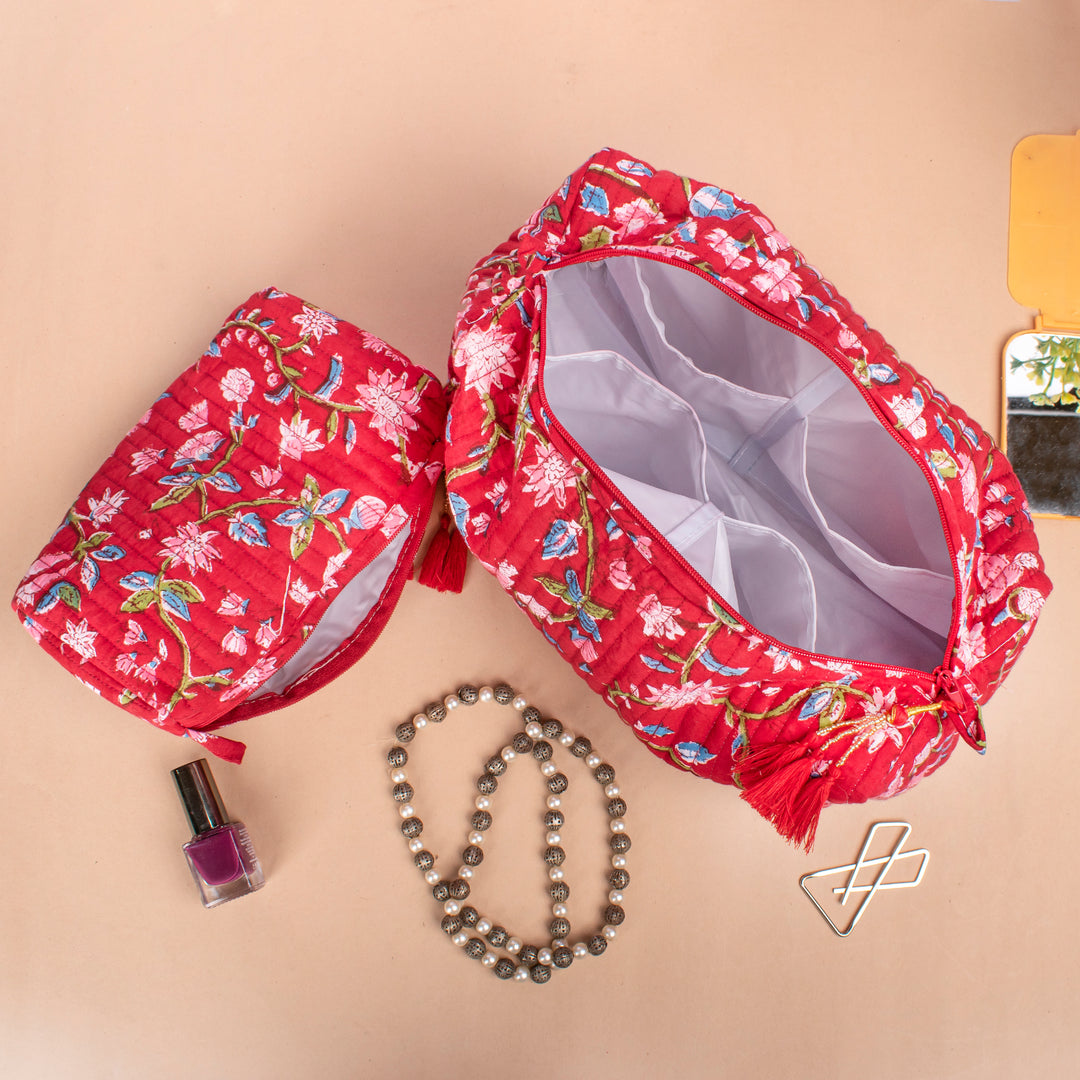 Set of 3 – Hand Block Makeup Bag | Cotton Cosmetic Pouch &amp; Organizer