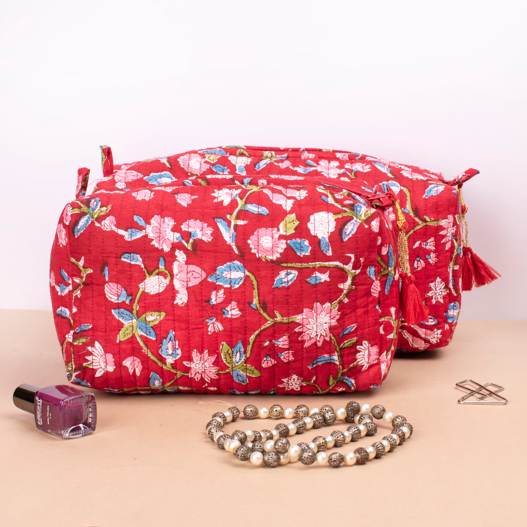 Set of 3 – Hand Block Makeup Bag | Cotton Cosmetic Pouch &amp; Organizer