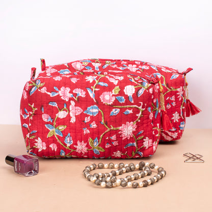 Block Print Makeup Bag Set, Toiletry Bag For Women, Cosmetic Bag For Makeup, Quilted Makeup Bag, Travel Makeup Pouch, Vanity Case - Set of 3