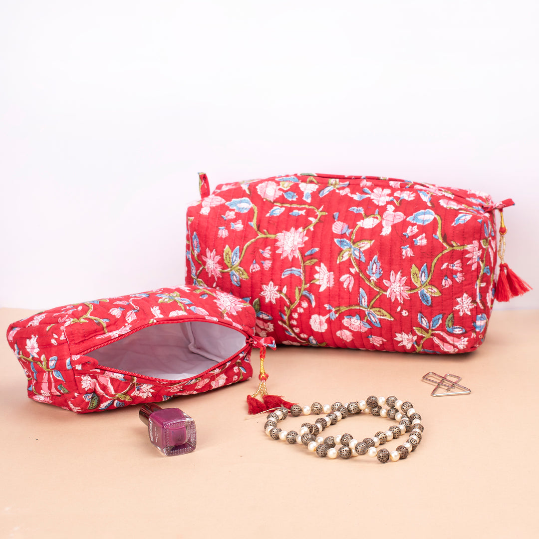 Set of 3 – Hand Block Makeup Bag | Cotton Cosmetic Pouch &amp; Organizer