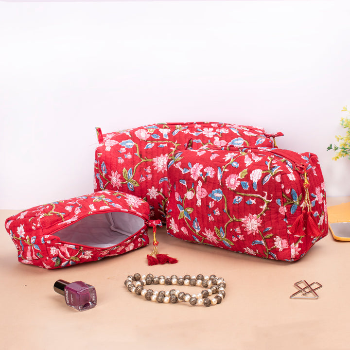 Set of 3 – Hand Block Makeup Bag | Cotton Cosmetic Pouch &amp; Organizer