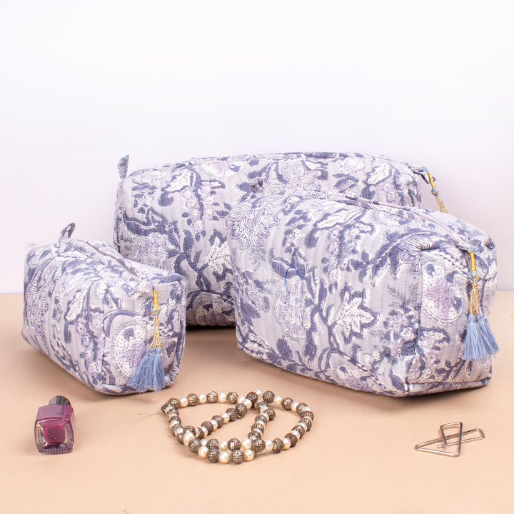 Set of 3 – Hand Block Makeup Bag | Cotton Cosmetic Pouch &amp; Organizer