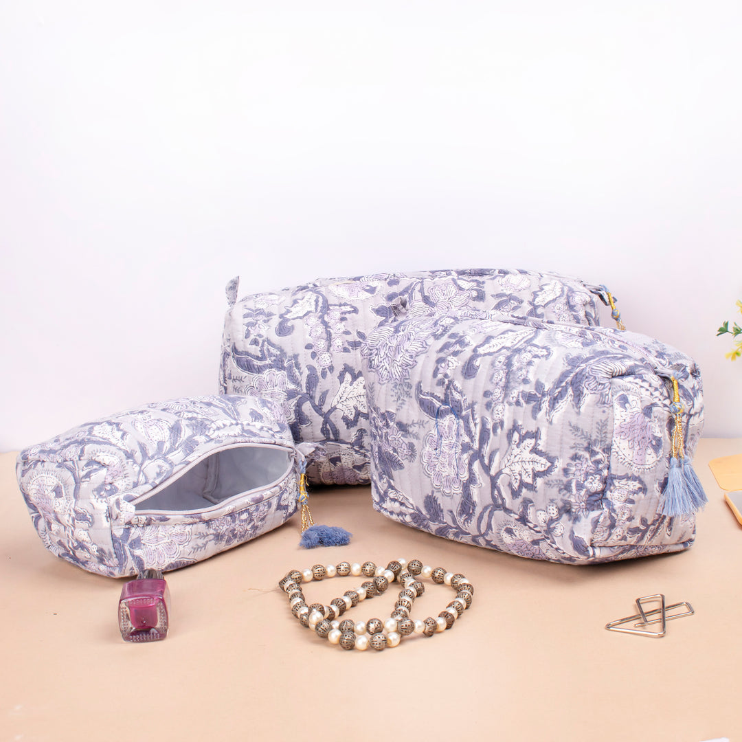 Set of 3 – Hand Block Makeup Bag | Cotton Cosmetic Pouch &amp; Organizer