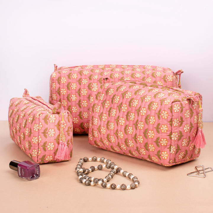 Set of 3 – Quilted Makeup Bag | Cotton Cosmetic Pouch &amp; Organizer
