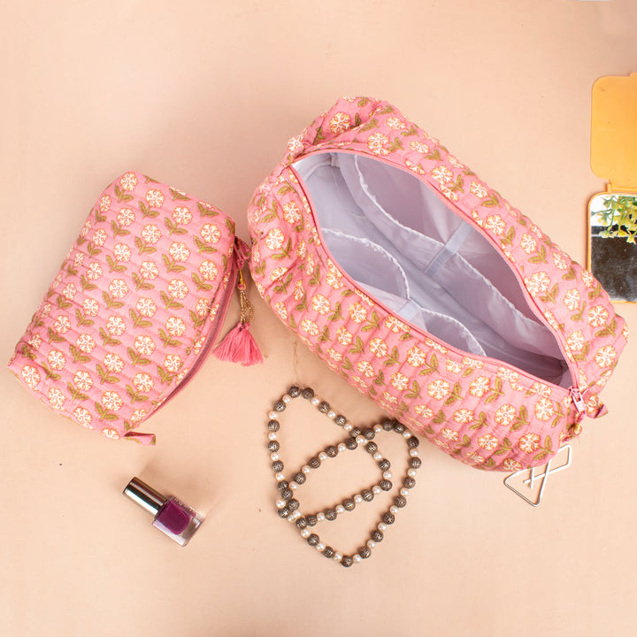 Set of 3 – Quilted Makeup Bag | Cotton Cosmetic Pouch &amp; Organizer