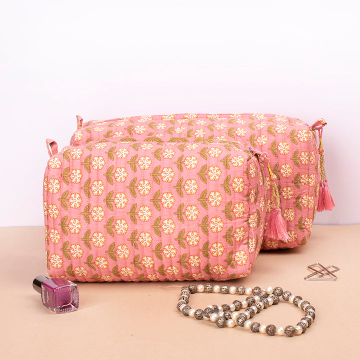 Set of 3 – Quilted Makeup Bag | Cotton Cosmetic Pouch &amp; Organizer