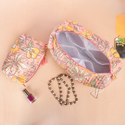 Handmade Cotton Toiletry Bag, Makeup Bag With Compartments, Small Makeup Bag, Hand Block Print Wash Bag, Cotton Makeup Bag - Set of 3