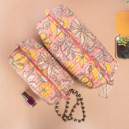 Handmade Cotton Toiletry Bag, Makeup Bag With Compartments, Small Makeup Bag, Hand Block Print Wash Bag, Cotton Makeup Bag - Set of 3
