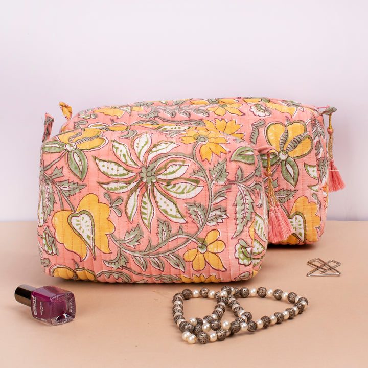 Set of 3 – Hand Block Makeup Bag | Cotton Cosmetic Pouch &amp; Organizer