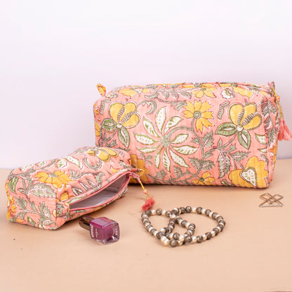Handmade Cotton Toiletry Bag, Makeup Bag With Compartments, Small Makeup Bag, Hand Block Print Wash Bag, Cotton Makeup Bag - Set of 3