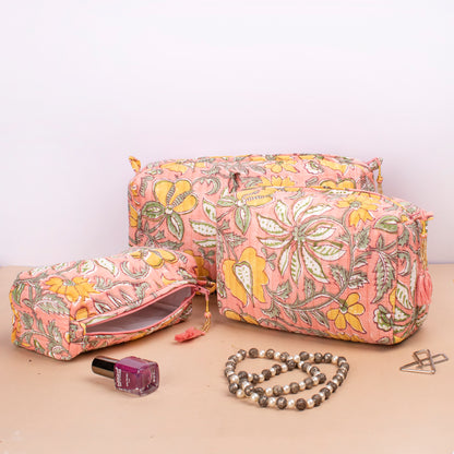 Handmade Cotton Toiletry Bag, Makeup Bag With Compartments, Small Makeup Bag, Hand Block Print Wash Bag, Cotton Makeup Bag - Set of 3