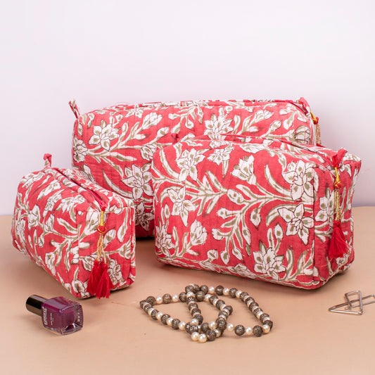 Block Print Cosmetic Bag, Washable Makeup Bag, Cosmetic Case, Mini Makeup Organizer, Quilted Wash Bag, Printed Quilted Toiletry Bag - Set of 3