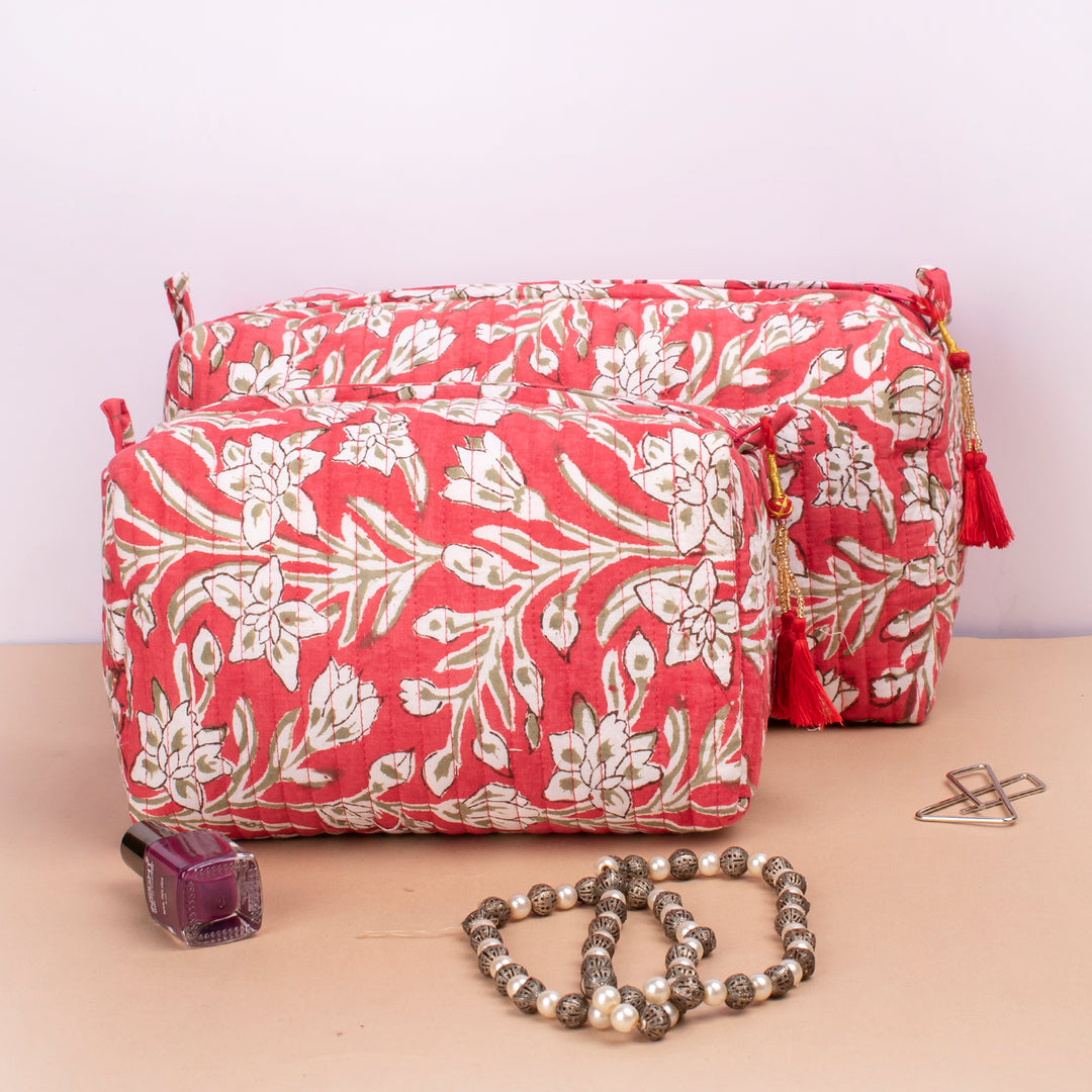Set of 3 – Hand Block Makeup Bag | Cotton Cosmetic Pouch &amp; Organizer
