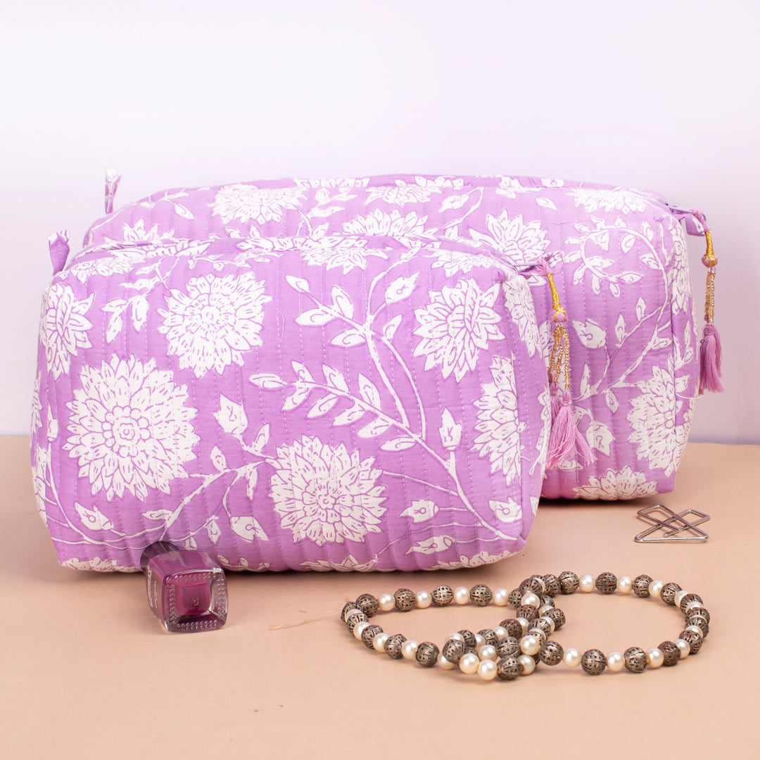 Set of 3 – Hand Block Makeup Bag | Cotton Cosmetic Pouch &amp; Organizer